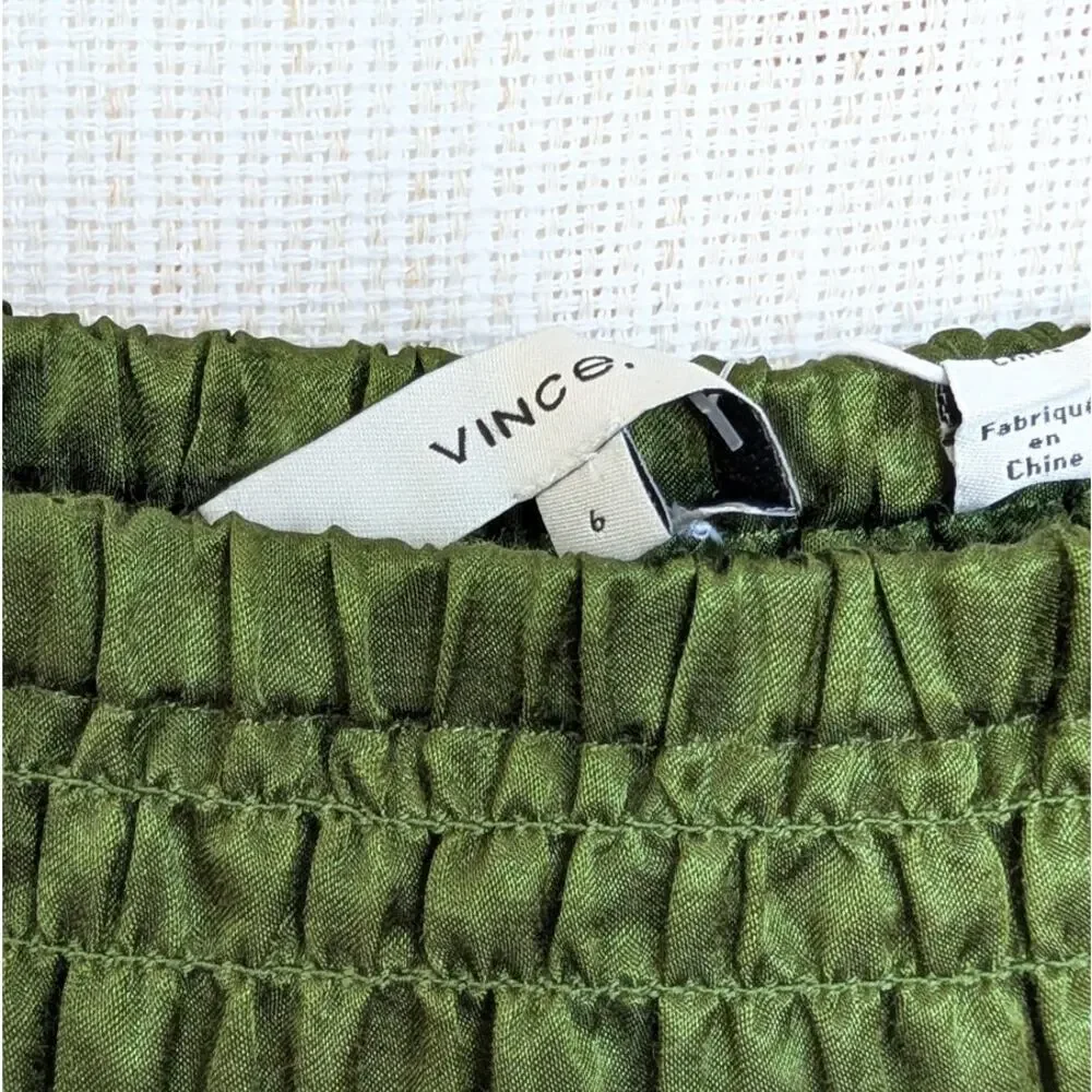 Vince Сrushed A-line Skirt Womens 6 Green Smocked Tiered Mid-rise Midi Maxi NWT